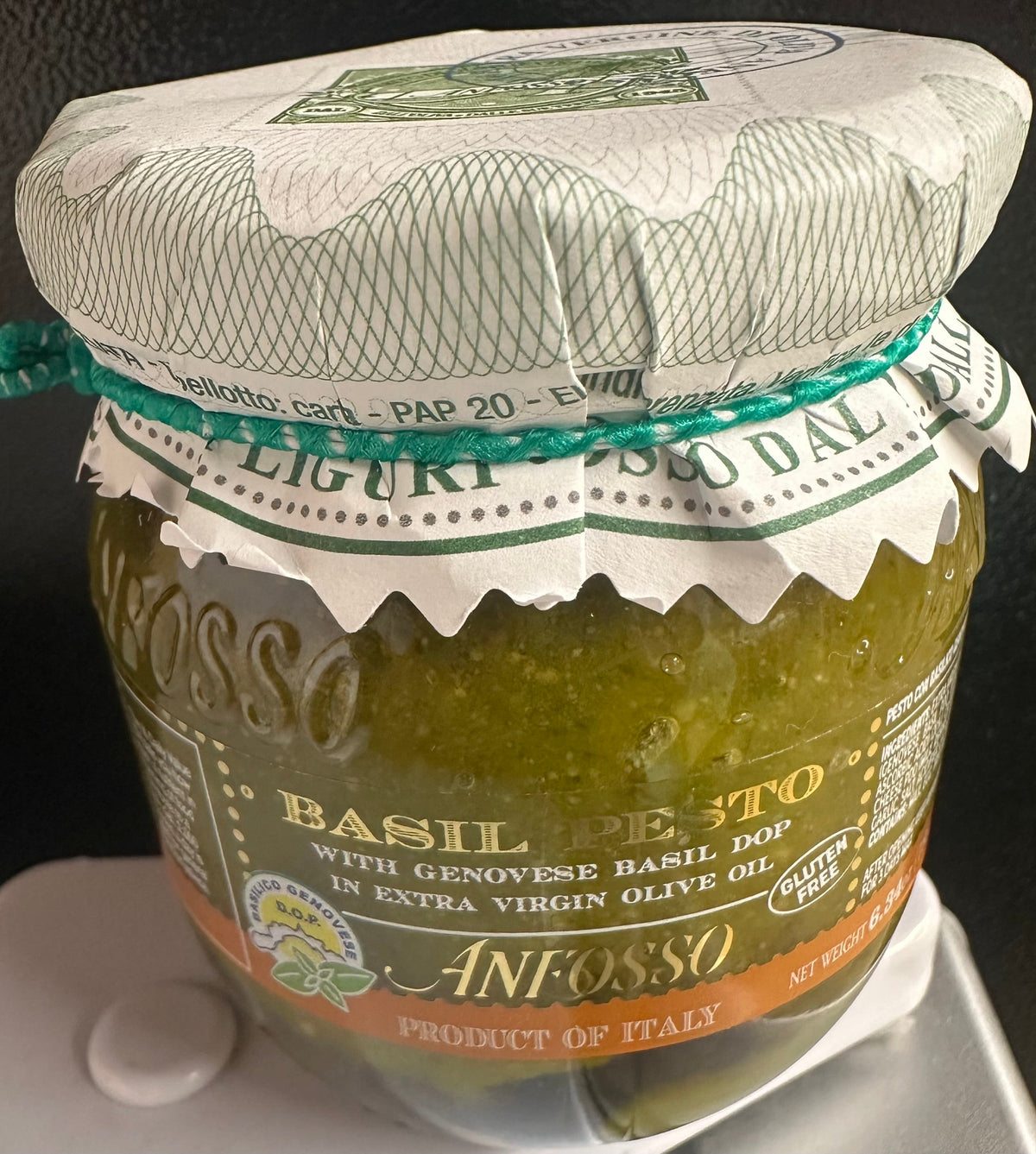 Jar of Anfosso Basil Pesto with a green label on a white surface