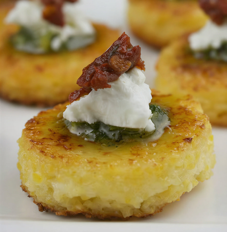 Polenta Bites with Goat Cheese, Sundried Tomatoes & Pesto