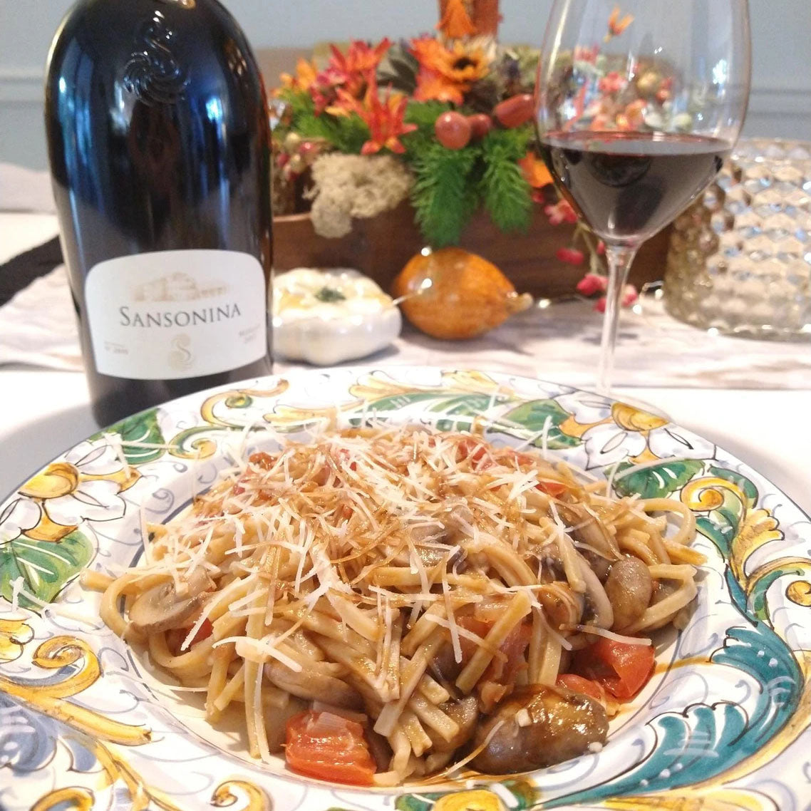 Balsamic Pasta with Sauce of Baby Portabello Mushrooms and Semi-Dried Tomatoes
