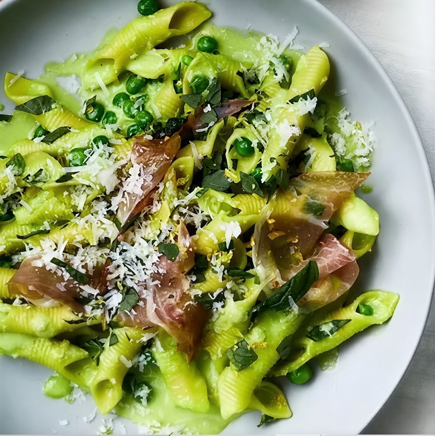 Garganelli with Speck, Peas, and Scallion Cream