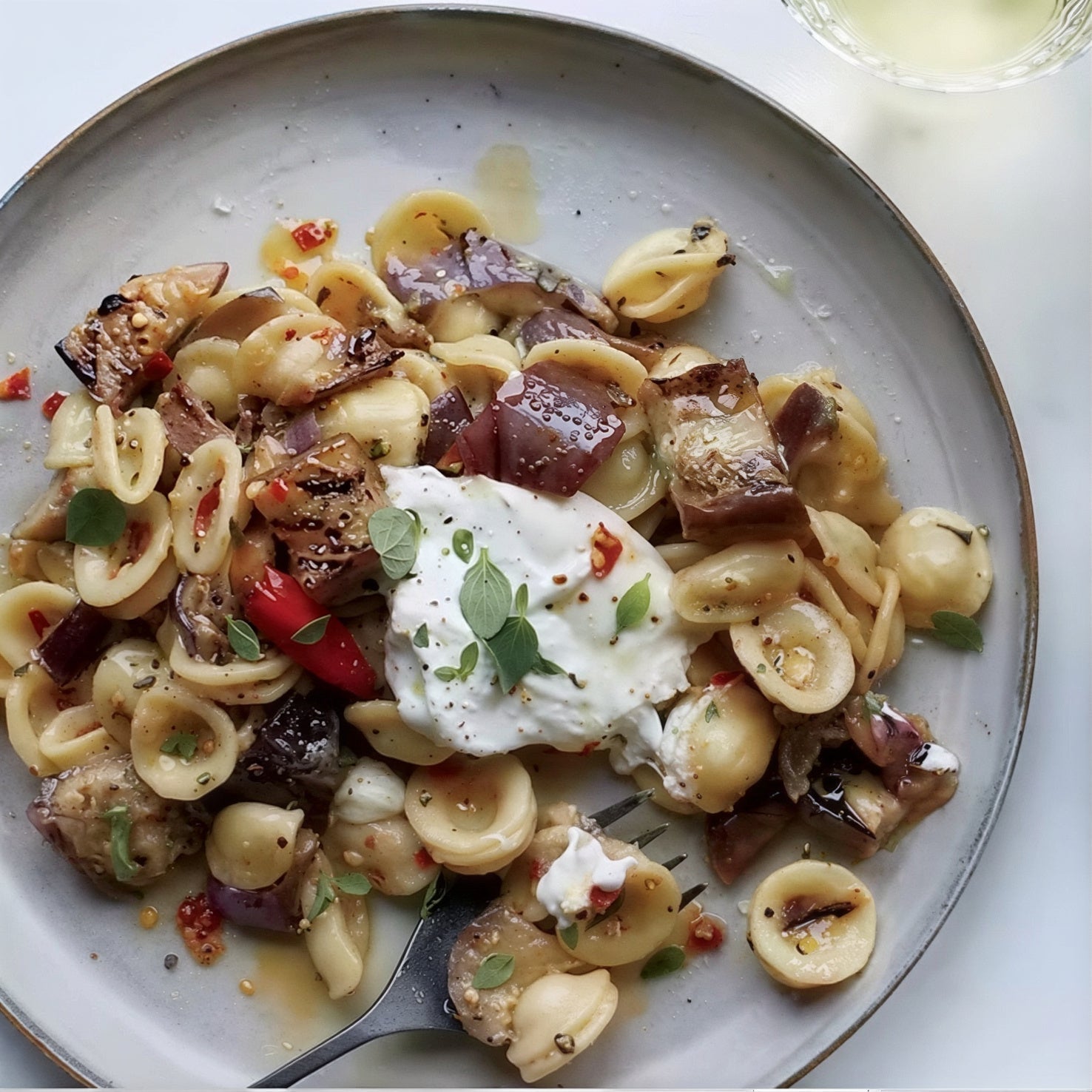 Pasta with Grilled Eggplant, Burrata and Chiles