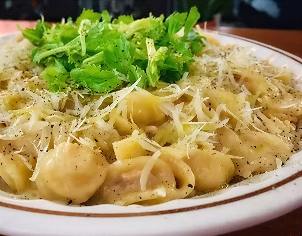 Pasta with potatoes, pancetta and provolone
