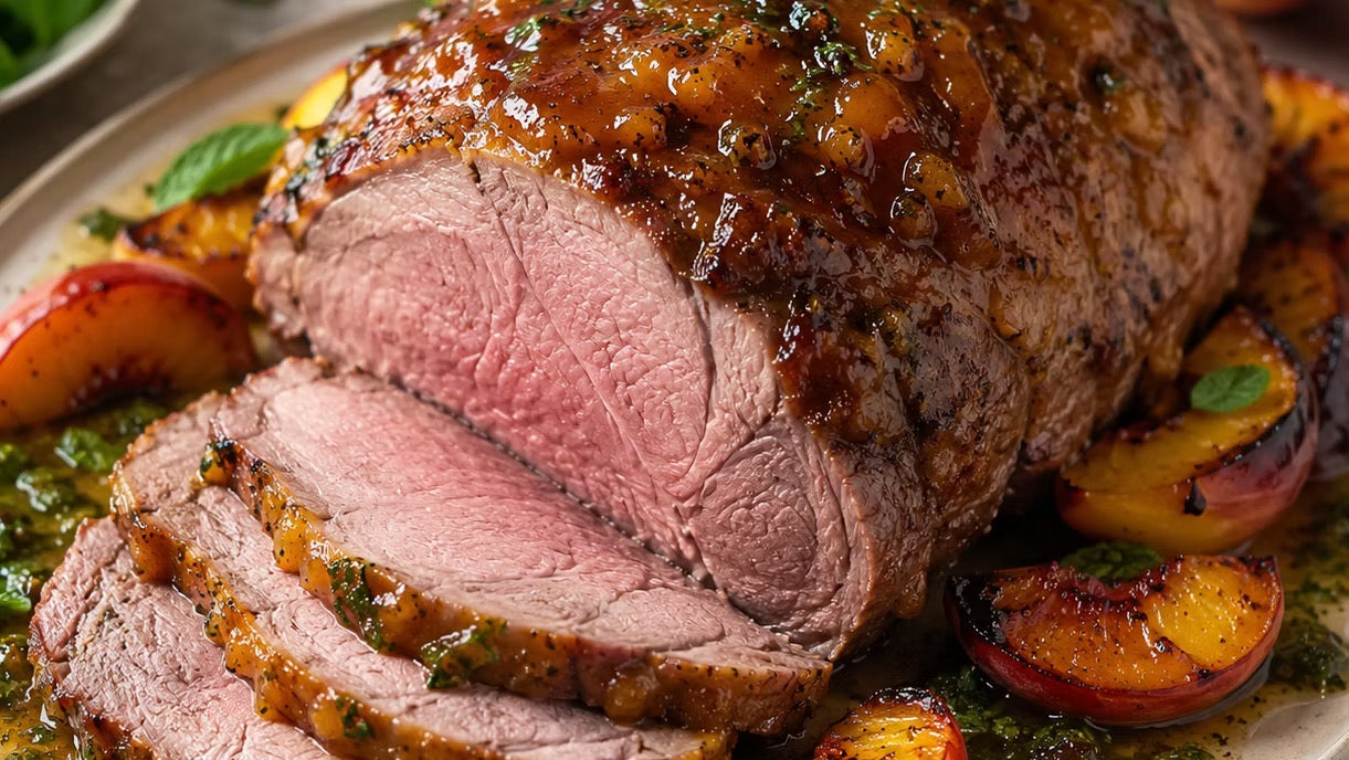 Peach Crusted Herb Stuffed Leg of Lamb with Polenta