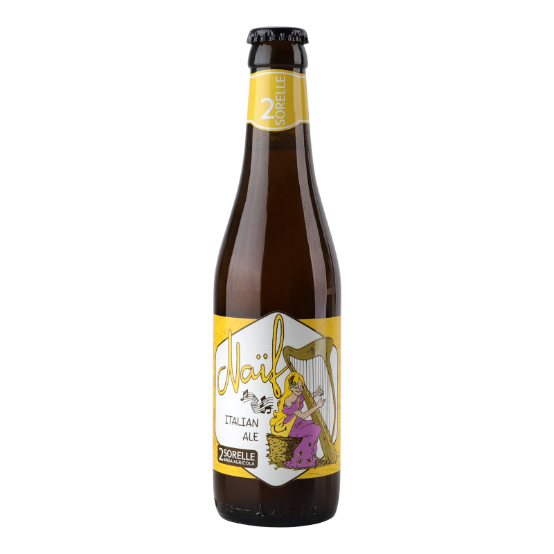 A bottle of Sorelle Naif Italian Ale beer in a dark brown glass bottle with a yellow and white label, shown on a plain white background.